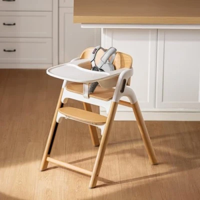 Image of Momcozy DinerPal Wooden High Chair for Babies, Toddlers &amp; Adults Up to 308 Lbs, Convertible Baby Highchair with Food Grade Tray, Dishwasher Safe, Adjustable Ergonomic, Natural Wood
