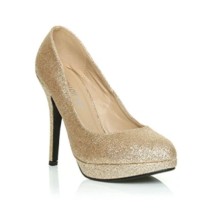 Image of Womens High Heel Platform Party Work Smart Office Courts Shoes Ladies Round Toe Prom Wedding Bridal Occasion Heeled Classic Court Stiletto Heels Pumps Gold Glitter
