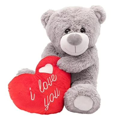 Image of I Love You Teddy Bear Valentines Day Present Large 16&quot;/41cm Soft Grey Plush Toy Holding Red Heart with &#039;I You&#039; Embroidery Perfect for Mother&#039;s