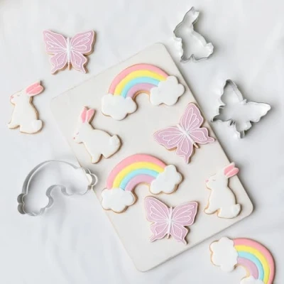 Image of Anniversary House Spring 3 Piece Cookie Cutter Set, Tin Plated Steel, Easter Cutters, Bunny, Rainbow, Butterfly Biscuit K0009, Silver