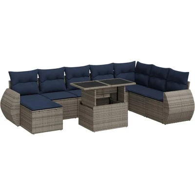 Image of Vidaxl 9 Piece Garden Sofa Set with Cushions Grey Poly Rattan Acacia