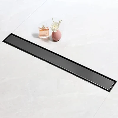 Image of SaniteModar 100 cm Black Linear Shower Drain, 2 in 1 Tile Insert Panel Drain with Siphon, Brushed 304 Stainless Steel Leveling Feet