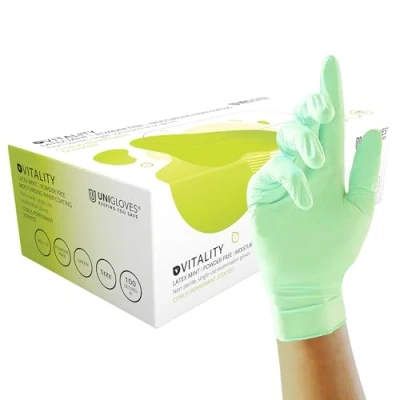Image of Unigloves Vitality Latex Mint GD0014 Examination Multipurpose, Scented, Powder Free Disposable Gloves, Box of 100 Green, Large