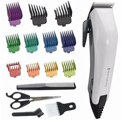 Image of Remington Colour Cut Hair Clippers Kit (Corded, Stainless Steel Self Sharpening Blades, Comfort Tip Taper Lever (0.5 2mm), 9 Coded Combs (1.5 25mm), Scissors &amp; Comb) HC5035