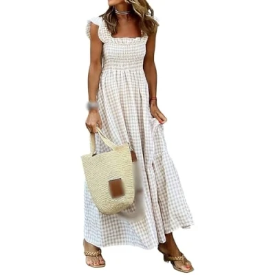 Image of Mousegirl New Multi Plaid Smocked Bust Maxi Dress, Women&#039;s Summer Retro Spaghetti Strap Square Neck Flounce Long Dress (Beige,Small)