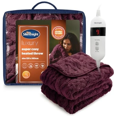 Image of Silentnight Luxury Super Cosy Heated Throw Snuggly Soft Knit Jacquard Fleece Electric Blanket for Sofa Bed with 9 Heat Settings Fast up and Safe Shut Off Machine Washable 120x160cm, Berry