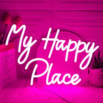Image of My Happy Place Neon Sign, LED Light Signs for Wall Decor, Dimmable Art Decoration Letter Sign Bedroom Decor,Birthday Party,Wedding,Valentines Day Gift (My Pink)
