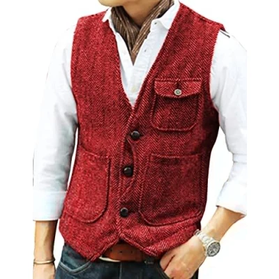 Image of Solovedress Mens Vintage Wool 3 Real Pockets Suit Vest V Neck Tweed Waistcoat for Wedding Groomsmen(Red,XL)