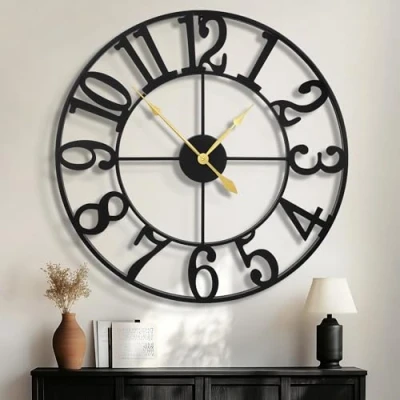 Image of HAITANG Modern Large Wall Clocks for Living Room, 31 Inch Decorative Oversized Round Black Metal Nearly Silent Little Ticking Battery Operated Farmhouse Clock Bedroom,Office,Classroom Decor
