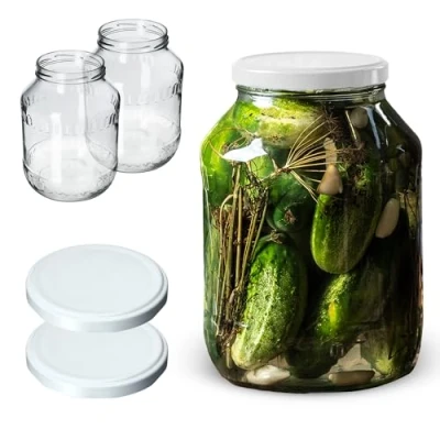 Image of KADAX Glass Jars 2.5 L, Round Preserve Storage with Wide Mouth, Large Preserving for Fermenting, Pickling Cucumbers (Set of 2, White Lids)