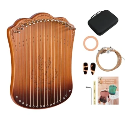 Image of VixxNoxx Lyre Harp, 17 Metal String Portable Solid Zelkova Wood Lyra Harp Stringed Musical Instruments with Tuning Wrench, Spare Set, Manual Book
