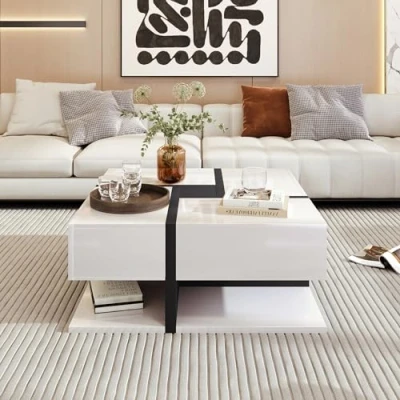 Image of Merax Coffee Table with 4 Drawers, White Unique Color Matching and Storage Space at The Bottom, 78 * 36cm
