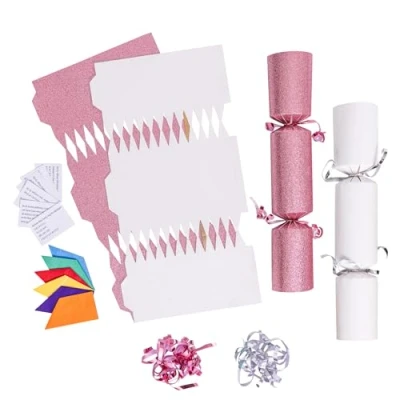 Image of evelay 12 Make Your Own Christmas Cracker Kit DIY White &amp; Pink Glitter Crackers Hats Snaps Jokes (White, Pink)