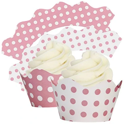 Image of Baby Pink and White Polka Dot Cupcake Wrappers Wraps Collars 12Pk