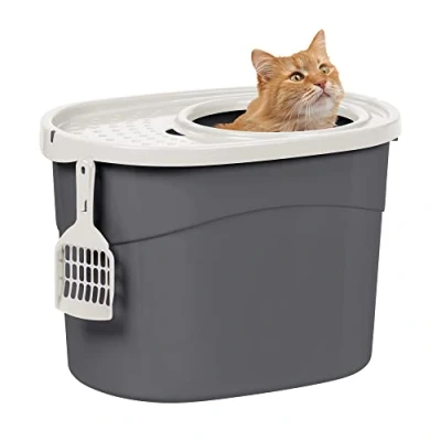 Image of Iris Ohyama Cat Litter Box with Scoop, Up to 7kg, Gray, Top Entry, Tray, Enclosed, For Kitten, High Sided, Hooded, Large, Jumbo, BPA Free, Deep, Easy Clean, TECL 20