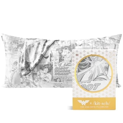 Image of Wonder Woman x Kitsch Satin Pillowcase for Hair, Softer Than Mulberry Silk Pillow Cases with Zipper, Smooth Cooling Covers 19x26 in, Standard Size Set of 1 Pack (Comic Print)