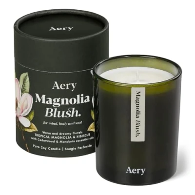 Image of Aery Botanical Magnolia Blush Scented Candle with 45 Hour Burn Time Tropical &amp; Hibiscus Cedarwood Mandarin Vegan Cruelty Free