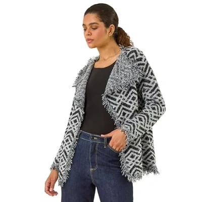 Image of Roman Originals Contrast Cardigan for Women UK Ladies Fringed Boucle Coatigan Jacket Shawl Collar Autumn Winter Knit Knitted Knitwear Everyday Holiday Edge to Comfy Black &amp; Grey Size 14