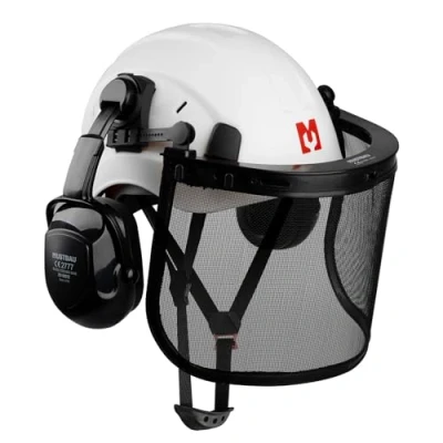 Image of Mustbau Chainsaw Safety Helmet, Protective Helmet with Earmuffs and Mesh Visor, 53 to 63 cm Adjustable Headband Suitable for Forestry, Construction, Work