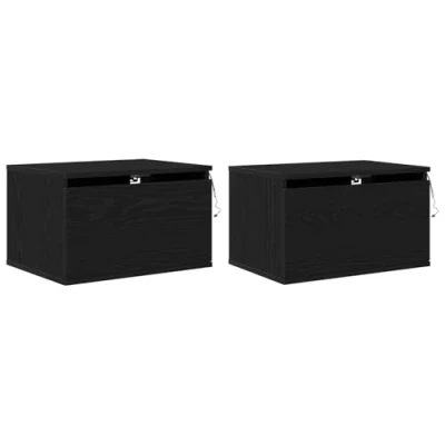 Image of vidaXL wall mounted bedside cabinets black oak night stand set, rectangular design, engineered wood furniture set of 2 indoor bedroom use