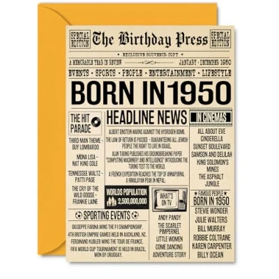Image of 74th Birthday Cards for Women Men Born In 1950 Newspaper Happy 74 Card Grandma Grandad Nan Vintage Retro Back 1950, A5 Seventy Four Fourth Bday Greeting