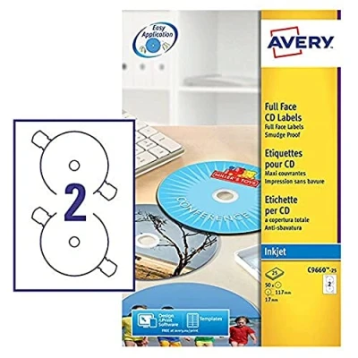 Image of Avery C9660 25 Printable, Customisable Glossy Full Face CD Labels, 2 Labels Per A4 Sheet,White,117 mm