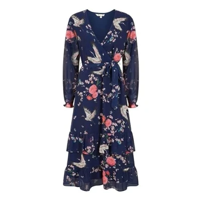Image of Yumi Womens Crane Print Long Sleeve Wrap Midi Dress In Navy Size 8 UK