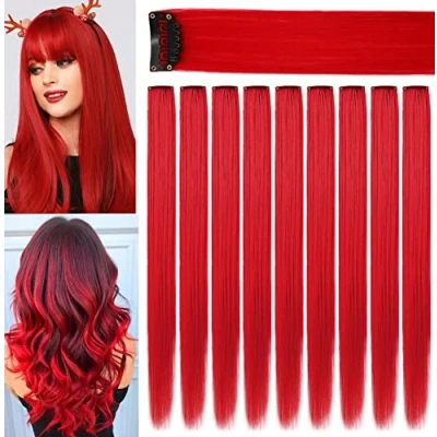 Image of LVSHANGMAO 9Pcs Colored Clip in Hair Extensions Heat Resistant Straight Party Highlight Hairpieces Halloween Cosplay Christmas Accessories Gift for Girls Kids(red)
