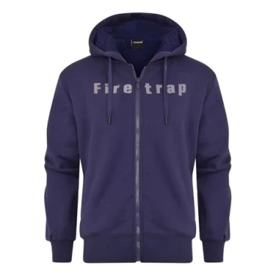 Image of Firetrap Mens Designer Cotton Sherpa Fur Lined Full Zip Fleece Hoodie Warm Winter Hooded Jacket Navy S