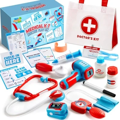 Image of Play Act Kids Doctor Kit,16 Piece Pretend Medical Kit with Bag,Doctor Role Set,Realistic Toy Stethoscope,Reusable Record Cards,Dress Up Playset for Toddlers Ages 3+