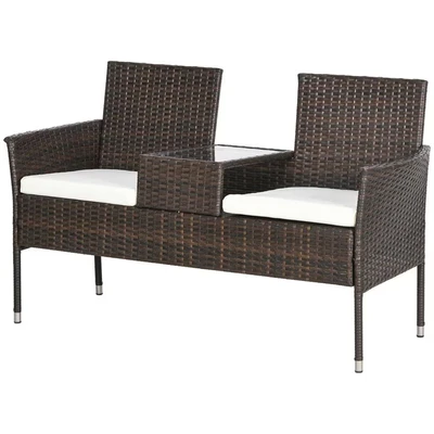 Image of Outsunny 2 Seat Rattan Garden Bench, Patio Wicker Chair with Glass Tea Table, Outdoor Love Padded Cushions, for Garden, Porch, Brown/Cream White
