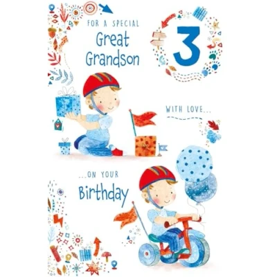 Image of Paper Rose Special Great Grandson 3rd Birthday Card Age 3 Cute Boy playing with toys Toy Trike &amp; Presents Design Foil Details Eco Friendly and Recyclable
