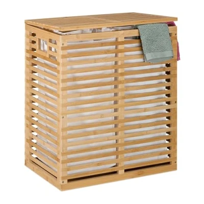 Image of Relaxdays Bamboo Laundry Basket with Lid, 2 Removable Bags, 44L Each, Washing Hamper, 61 x 53 35 cm, Natural/Beige