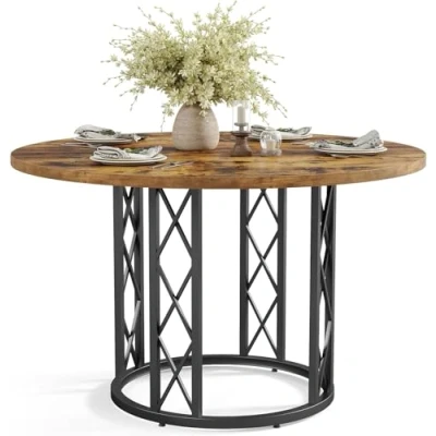 Image of Tribesigns Round Dining Table for 4 6 People, 120CM Rustic Coffee Circle Kitchen Table, Modern Dinner with Metal Base Kitchen, Living Room (ONLY Table) (Rustic Brown)