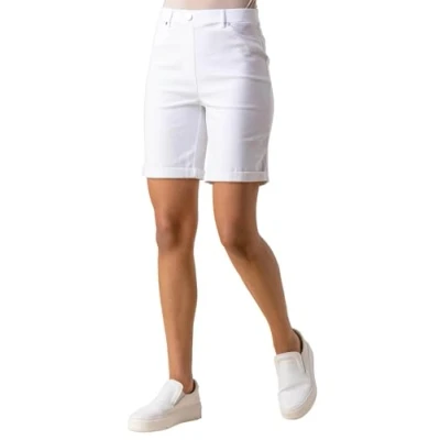 Image of Roman Originals Stretch Shorts for Women UK Ladies Pull On Turned Hem Cut Off Bengaline Mom Boyfriend Boy Denim Casual Cropped Pants Capri Slim Fit Turn Up Summer Crops Mother White Size 18