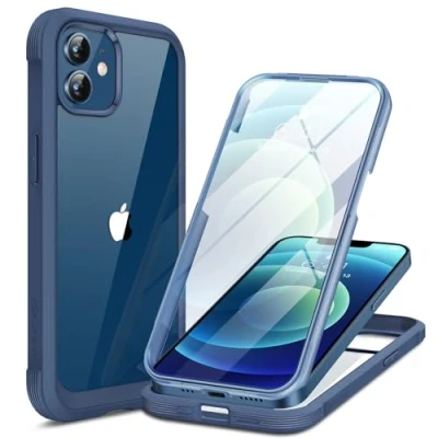 Image of Miracase Compatible with iPhone 12/12 Pro Case 6.1 inch, [Built in Glass Screen Protector] Full Body Rubber Bumper Cover (Dark Blue)