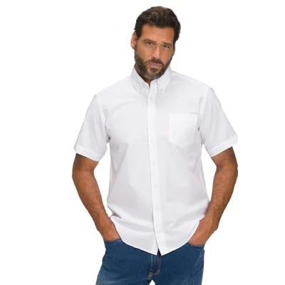 Image of JP 1880 Men&#039;s Seersucker Shirt, Half Sleeve, Button Down Collar, Modern fit, Stripes, Snow White, XXXX Large