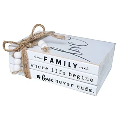 Image of LIVDUCOT Wooden Decorative Books Stack for Coffee Table Faux Book Decoration Love Family Where Life Begins Modern Farmhouse Decor White Shelf 7X 5.5X 2.5&#039;