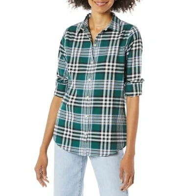 Image of Amazon Essentials Women&#039;s Classic Fit Long Sleeve Lightweight Plaid Flannel Shirt, Dark Green Kilt Plaid, S