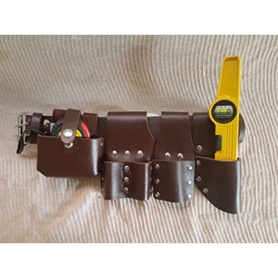 Image of Scaffolding Leather BBI Tool Work Belt with Set Spanner Ratchet Level TapePouch/Pockets/Frog (Belt + 5m Tape)