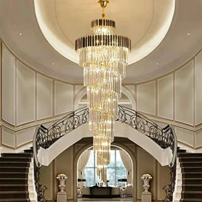 Image of ECBETCR Villa Crystal Chandelier, Golden Atmosphere Living Room Stair Lamp Long Chandelier,Crystal Chandelier Modern Spectacular LED Spiral Sphere K9 Ceiling Light Fixture