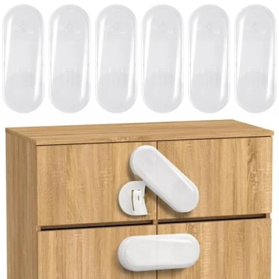 Image of ECHOCUBE Child Safety Cupboard Locks, 6 Packs Baby Proof Cabinet Locks with Adhesive Tape, for Cabinets, Cupboards, Drawers (White)