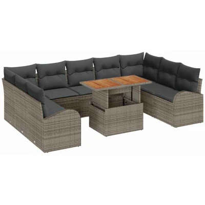Image of vidaXL 10 Piece Garden Dining Set with Cushions Grey Poly Rattan Acacia