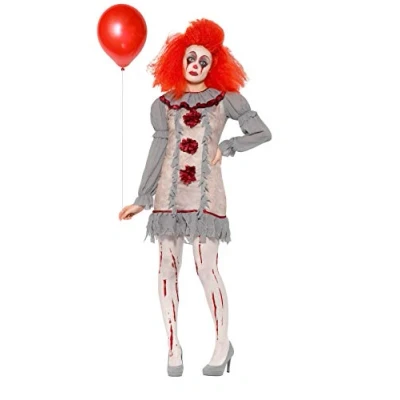 Image of Smiffys Vintage Clown Lady Costume, Grey &amp; Red with Dress Neck Ruffle, Halloween Cirque Sinister Fancy Dress, Up Costumes