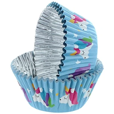 Image of Baked With Love Unicorn Foil Lined Baking Cases, Cupcake Cups Blue, 50mm Diameter Base x 37mm Height, Pack of 25