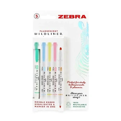 Image of Zebra Fluorescent Mildliner Assorted 5pk (Blue, Yellow, Pink, Orange, Blue &amp; Green)