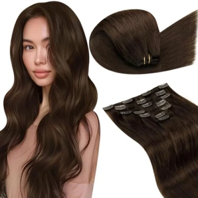 Image of LaaVoo Clip in Hair Extensions Real Human 14 Inch 7pcs 120g Dark Brown Seamless Remy #4