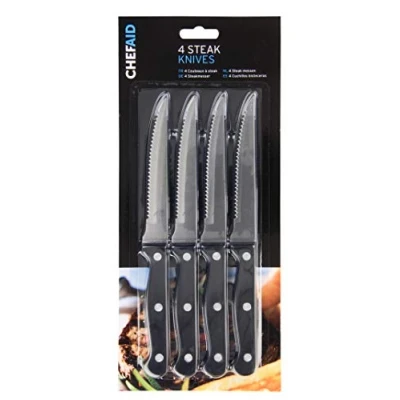 Image of Chef aid Stainless Steel Serrated Steak Knife Set, Set of 4 Durable Multipurpose Kitchen Knives with Comfort grip, ERGONOMIC non slip, rust resistant, sharp dinner Table Black