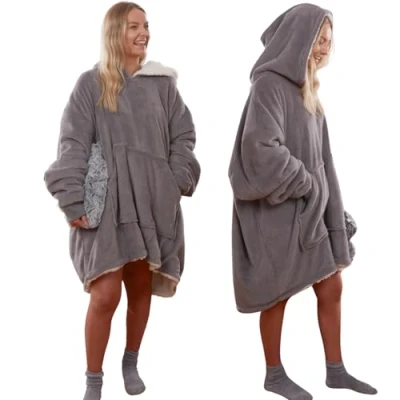 Image of Sienna Hoodie Blanket Ultra Soft Sherpa Fleece Warm Cosy Comfy Oversized Wearable Hooded Sweatshirt Throw for Women Girls Adults Men Boys Kids Big Pocket Charcoal Grey