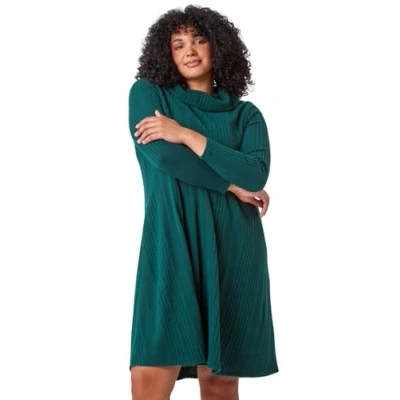 Image of Roman Curve Roll Neck Ribbed Stretch Dress for Women UK Ladies Autumn Everyday Winter Holiday Long Sleeve Soft Swing Shape Comfy Knee Length Frock Desk to Dinner Gowns Forest Size 18